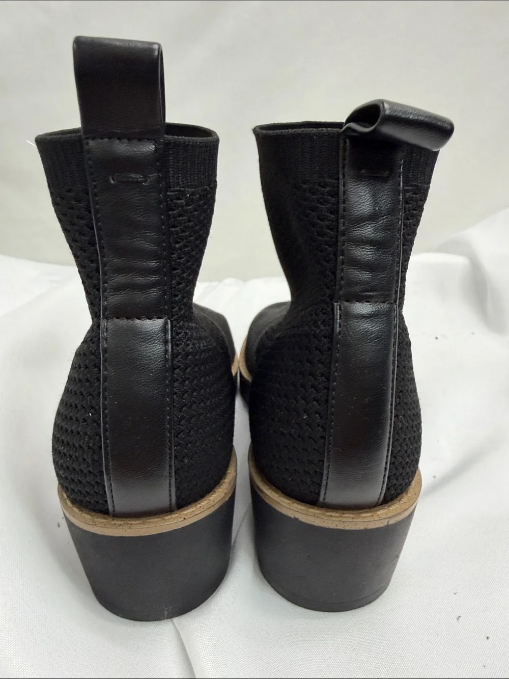 Bandolino Black Knit Wedge Chelsea Ankle Boots with Tan Trim